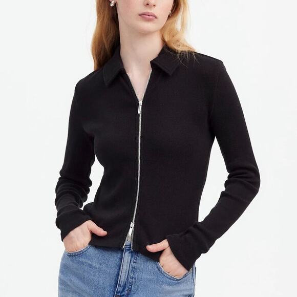Madewell Fill Zip Top Ribbed Long Sleeve Collared  Jet Black NWT M - Picture 1 of 8